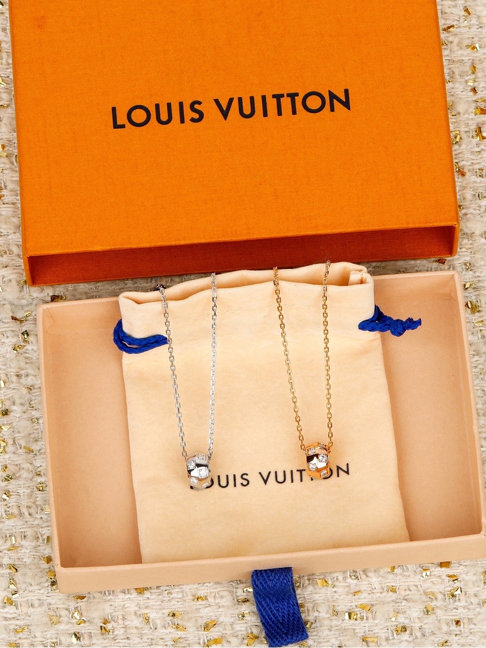 Louis Vuitton Gold and Silver Cube Pendant Necklaces